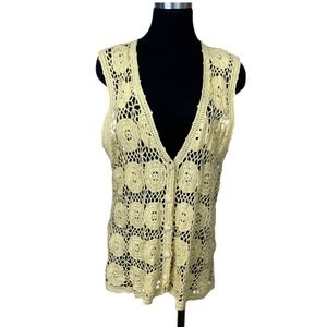 Handmade Crochet Vest Women L Button Sheer Knit Cardigan Sweater Cottagecore